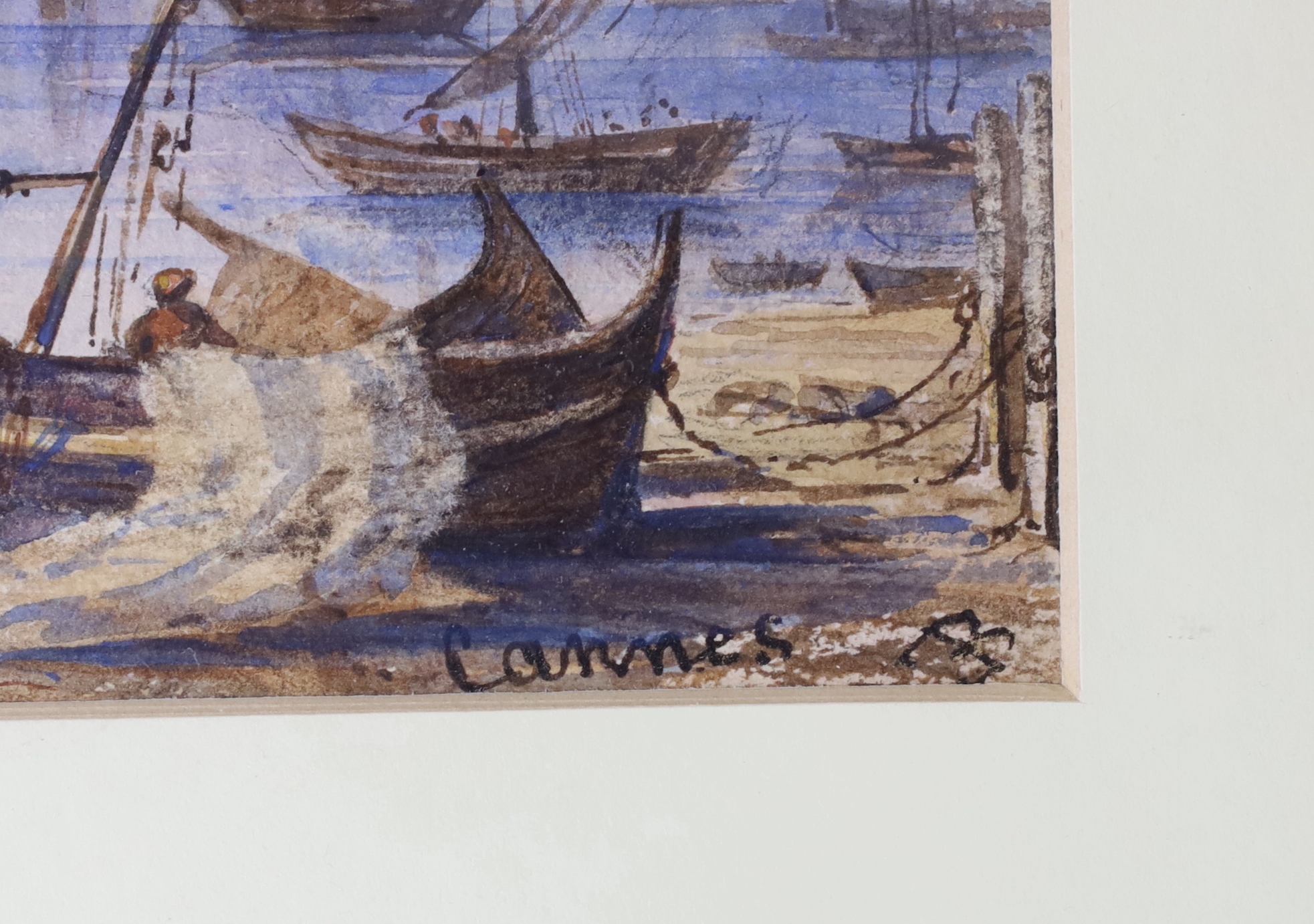 19th century English School, watercolour, Cannes harbour scene, moored fishing boats, inscribed, 28cm x 15cm